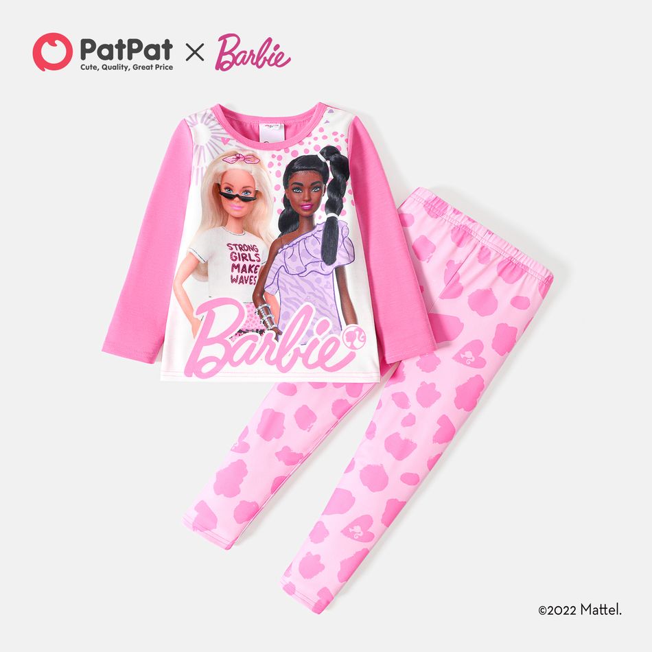 Barbie 2pcs Toddler Girl Character Print Long-sleeve Tee and Allover Print Leggings Set Pink big image 3