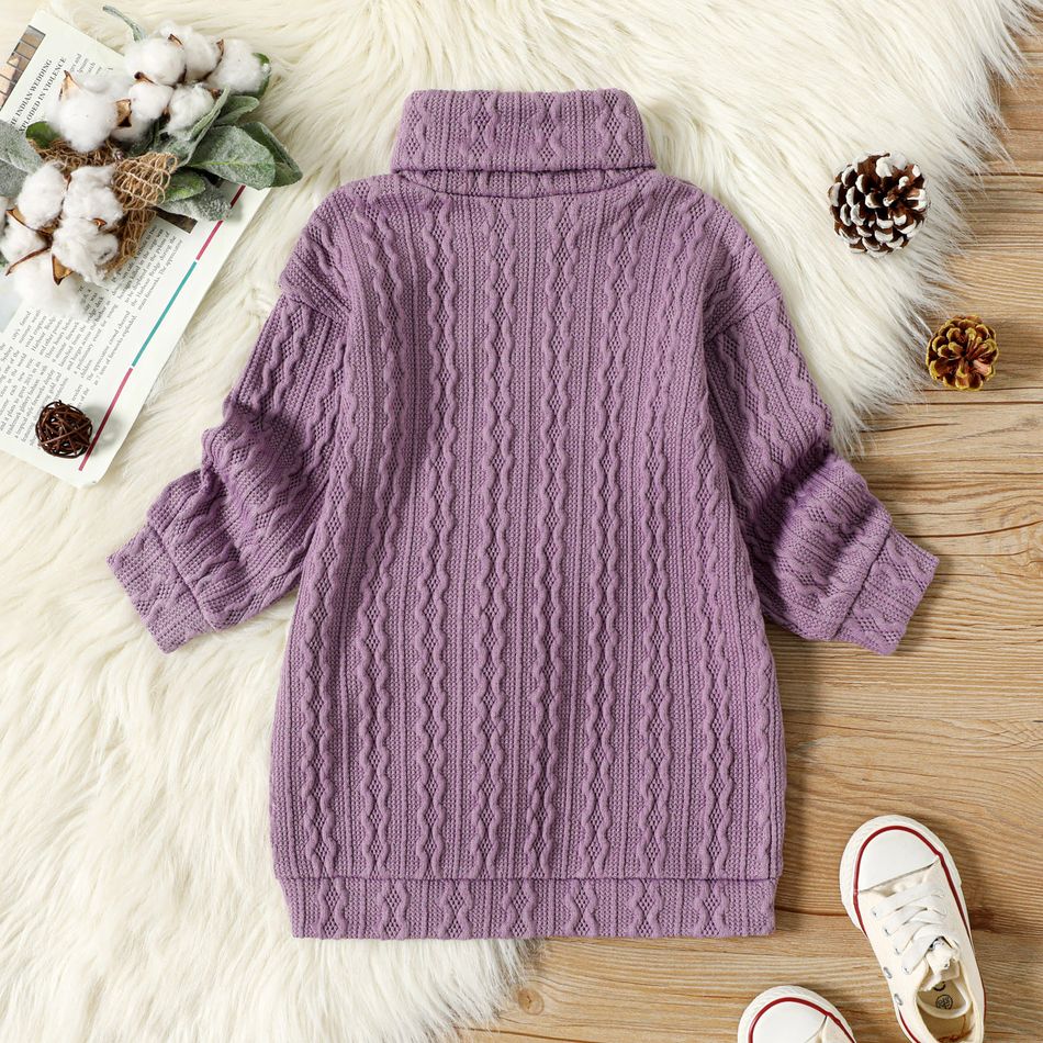 Toddler Girl Letter Embroidered Textured Turtleneck Long-sleeve Sweater Dress Purple big image 2