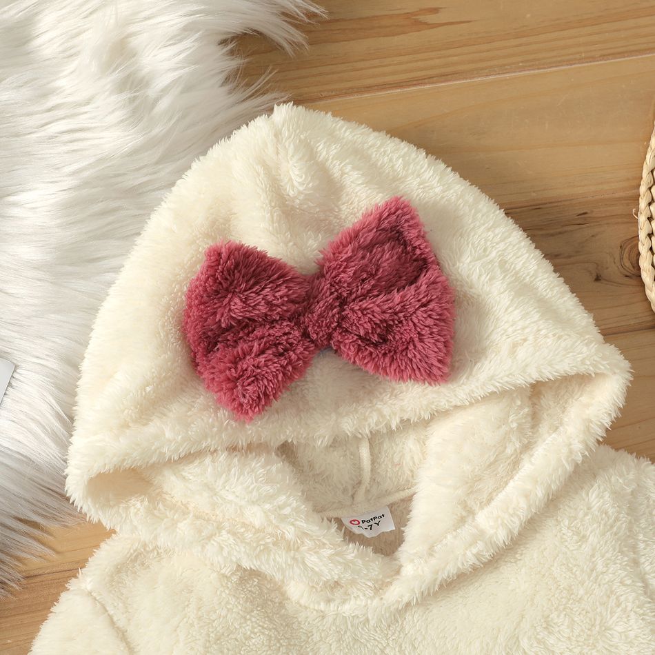 Kid Girl Solid Color 3D Bowknot Design Fleece Hoodie Sweatshirt Creamcolored big image 3