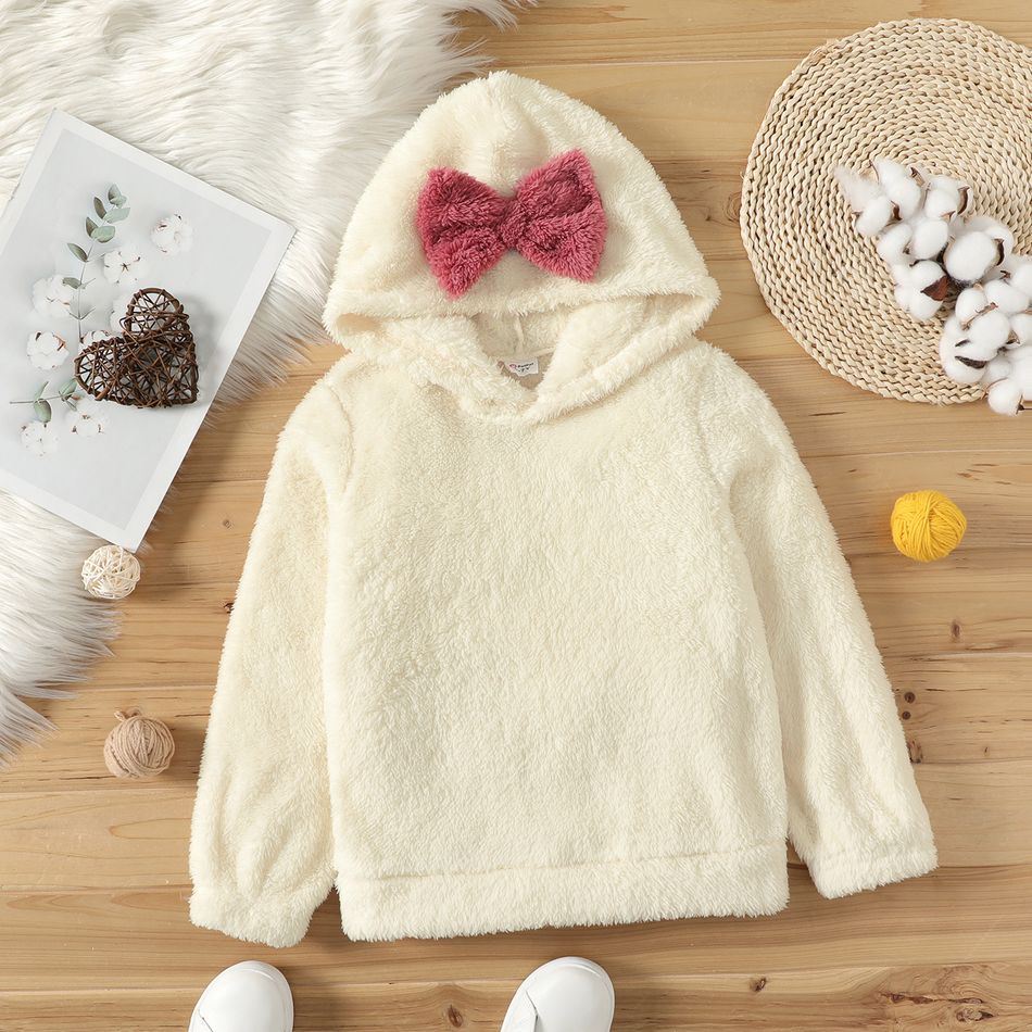 Kid Girl Solid Color 3D Bowknot Design Fleece Hoodie Sweatshirt Creamcolored big image 1
