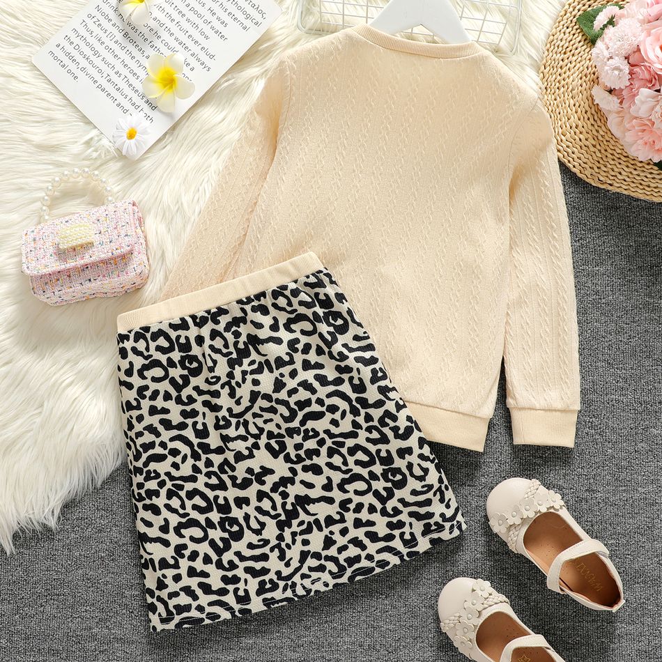 2pcs Kid Girl 3D Bowknot Design Textured Sweatshirt and Leopard Print Skirt Set Apricot big image 2