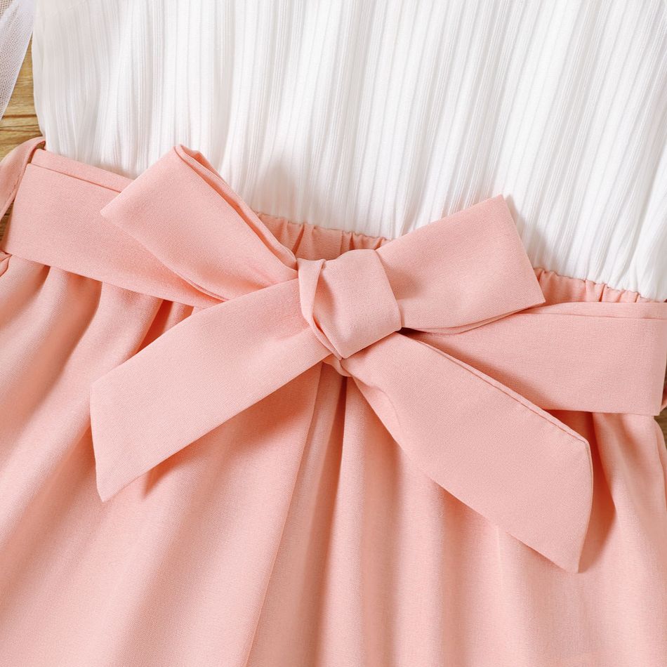 Baby Girl Mock Neck Mesh Long-sleeve Rib Knit Spliced Pink Belted Jumpsuit PinkyWhite big image 4