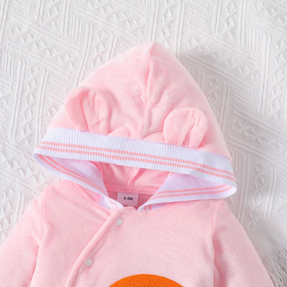 Baby Girl Rainbow & Letter Embroidered Pink 3D Ears Hooded Long-sleeve Jumpsuit Pink big image 3