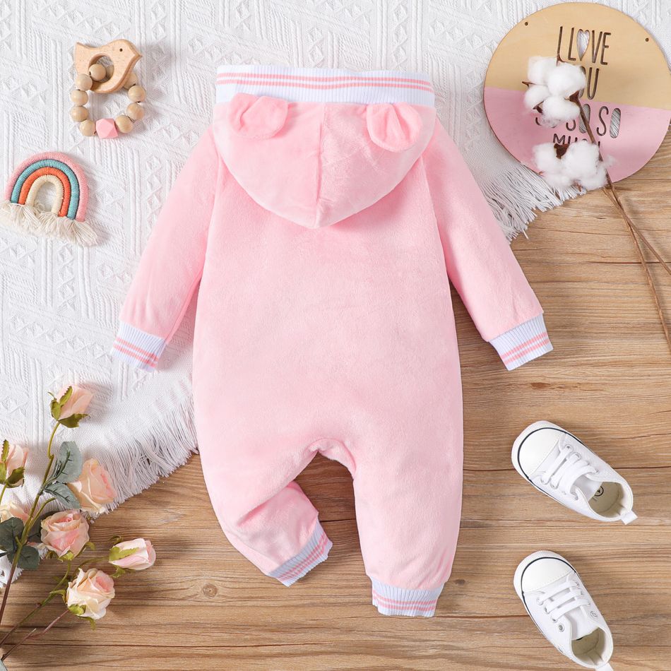 Baby Girl Rainbow & Letter Embroidered Pink 3D Ears Hooded Long-sleeve Jumpsuit Pink big image 2