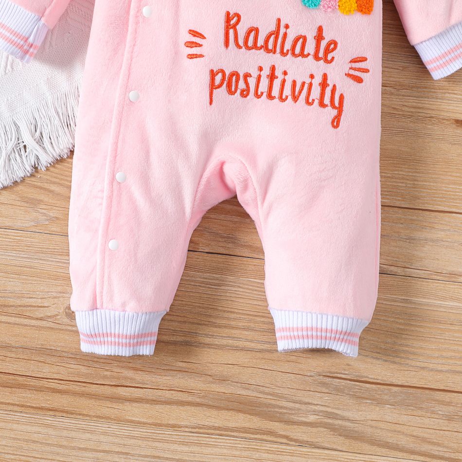 Baby Girl Rainbow & Letter Embroidered Pink 3D Ears Hooded Long-sleeve Jumpsuit Pink big image 5
