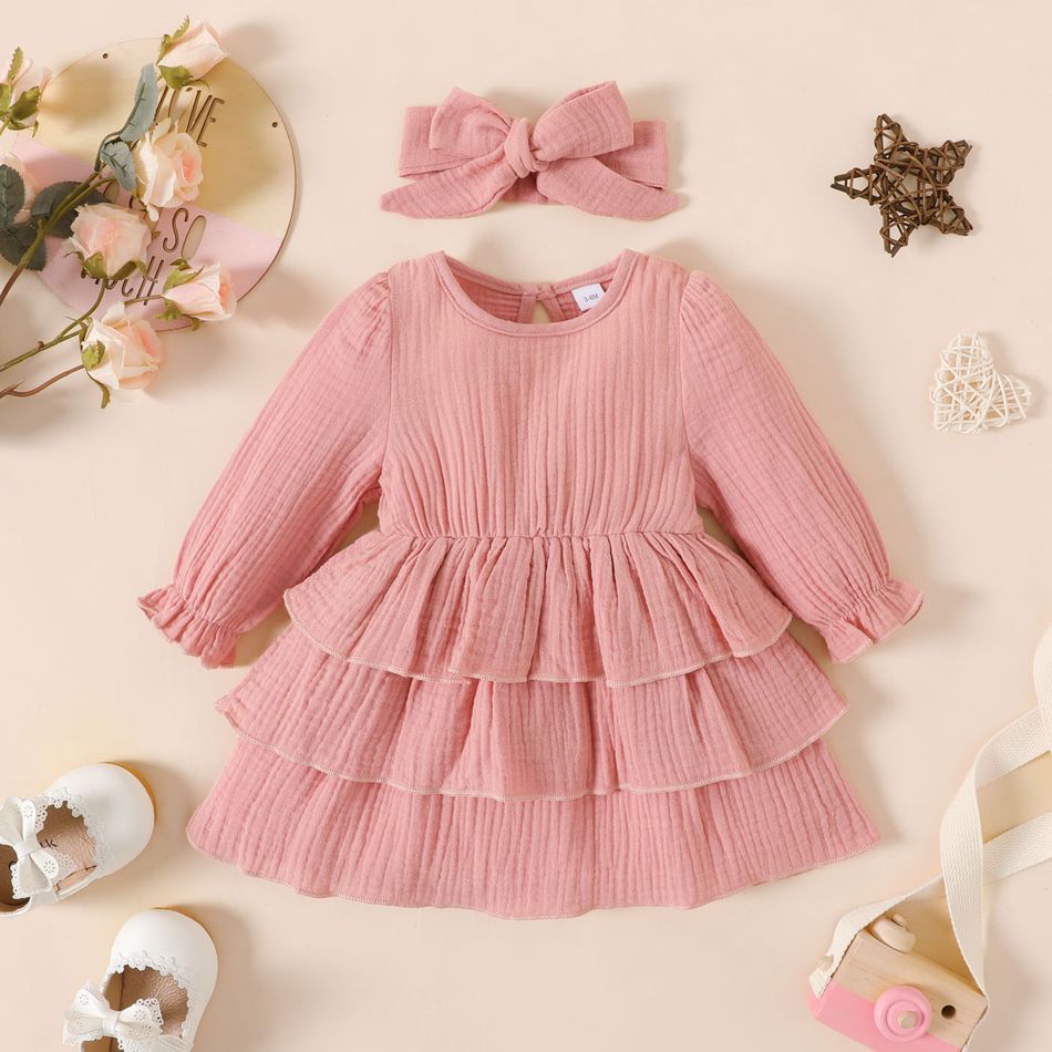 2 unidades Bebé Saia de várias camadas Básico Manga comprida Vestidos Rosa big image 1