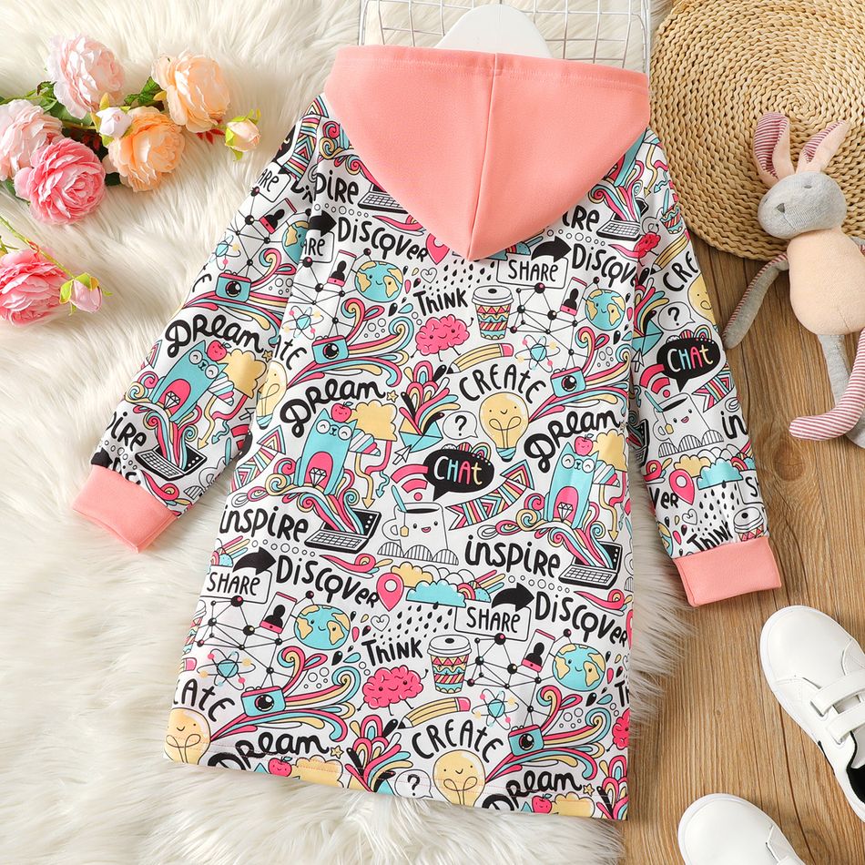 Kid Girl Allover Print 3D Ear Design Hooded Sweatshirt Dress Pink