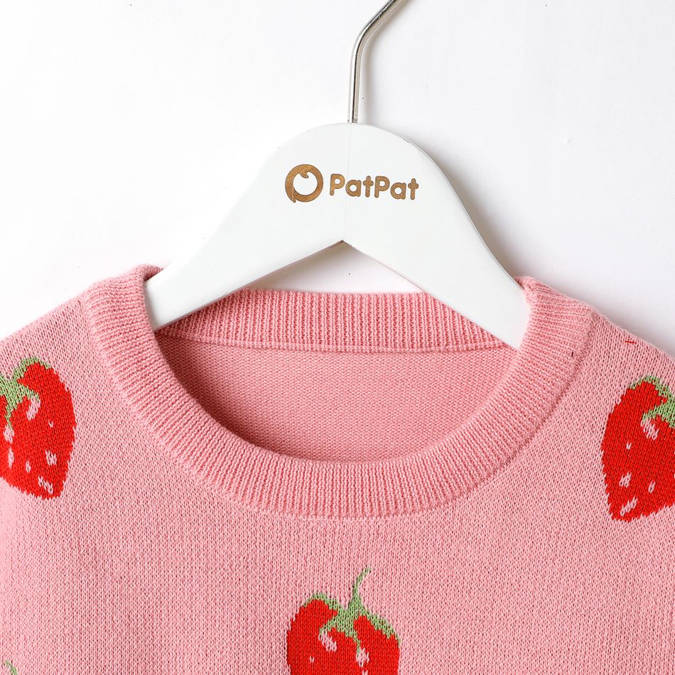 Kid Girl Sweet Strawberry Pattern Pink Knit Sweater Pink big image 2