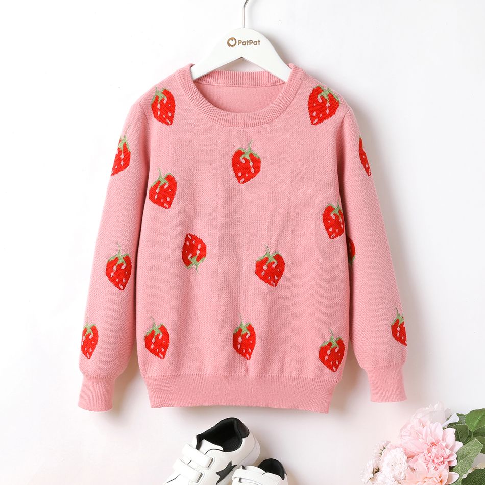 Kid Girl Sweet Strawberry Pattern Pink Knit Sweater Pink big image 1