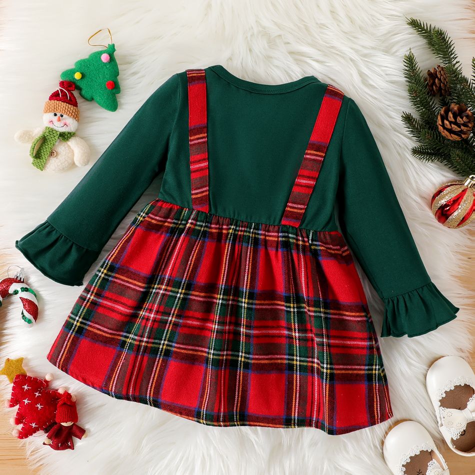Baby Girl Solid Long-sleeve Spliced Red Plaid Bow Front Dress Red big image 2
