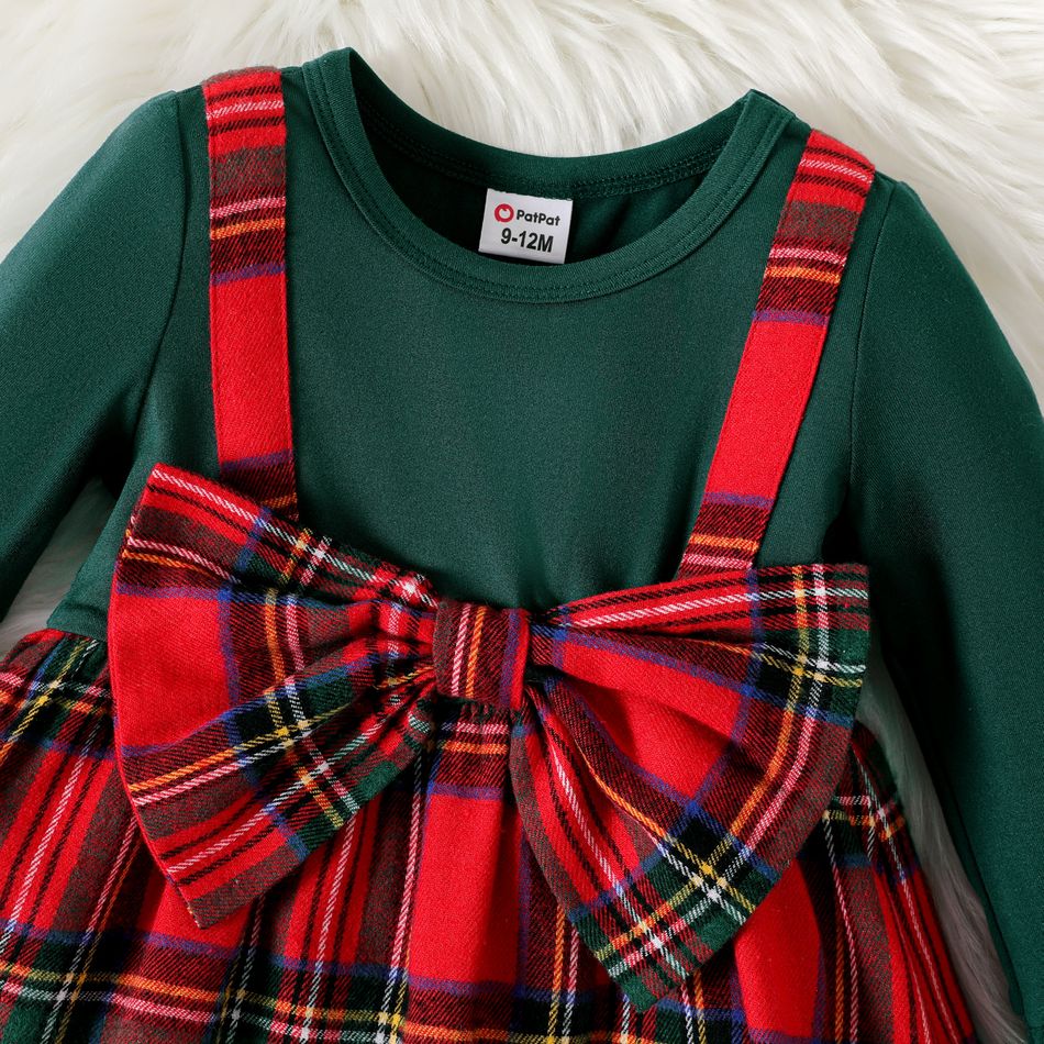 Baby Girl Solid Long-sleeve Spliced Red Plaid Bow Front Dress Red big image 3