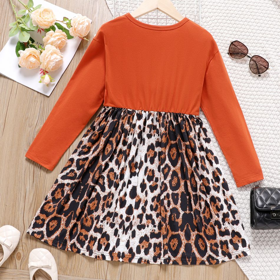 Kid Girl Leopard Print Splice Button Design Long-sleeve Dress Orange red big image 2