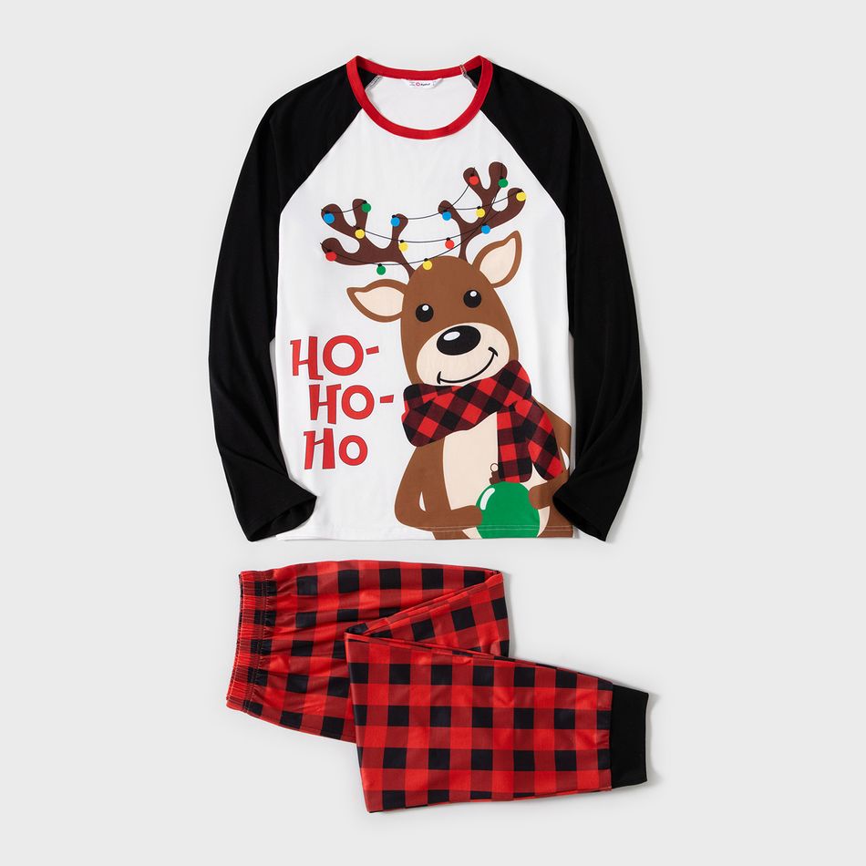 Christmas Family Matching Reindeer & Letter Print Ragaln-sleeve Red Plaid Pajamas Sets (Flame Resistant) redblack big image 2