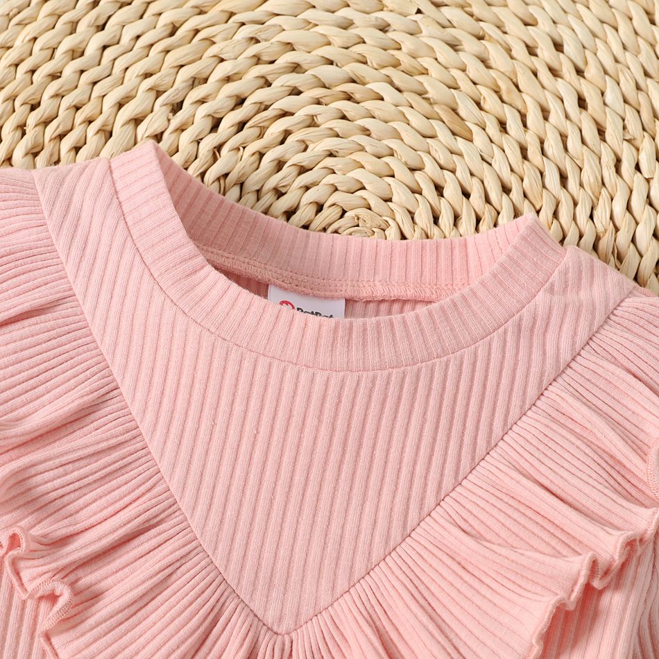 Toddler Girl Ruffled Solid Color Ribbed Long-sleeve Cotton Dress Pink big image 3