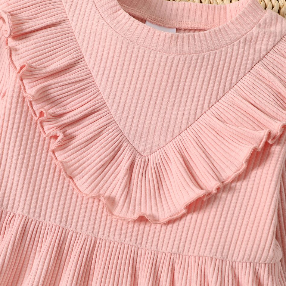 Toddler Girl Ruffled Solid Color Ribbed Long-sleeve Cotton Dress Pink big image 4