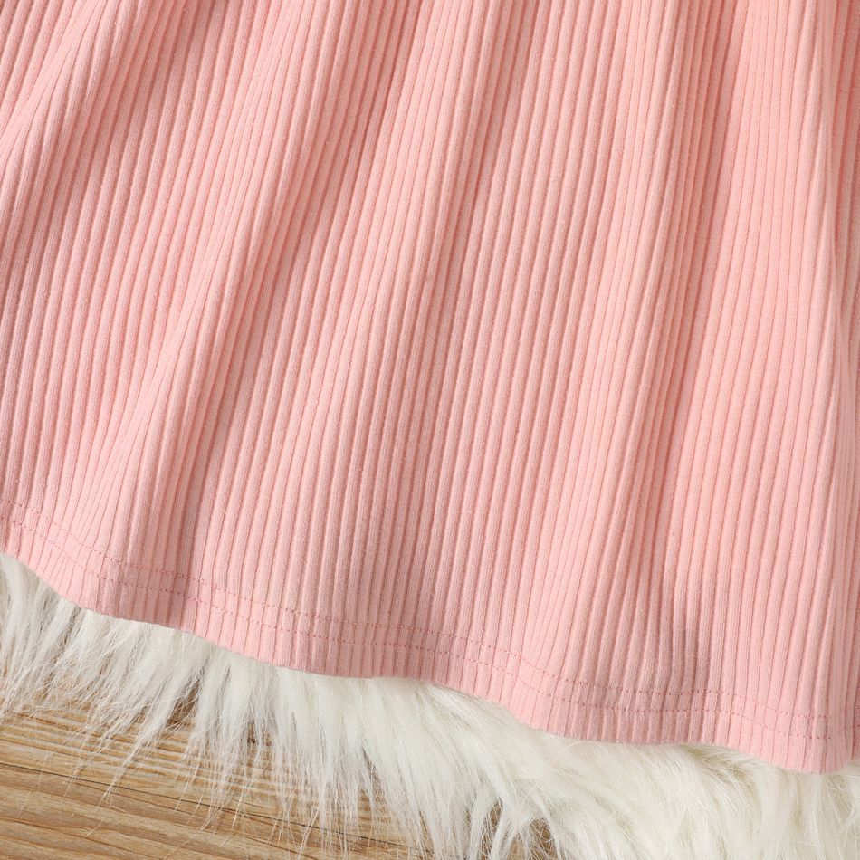 Toddler Girl Ruffled Solid Color Ribbed Long-sleeve Cotton Dress Pink big image 5