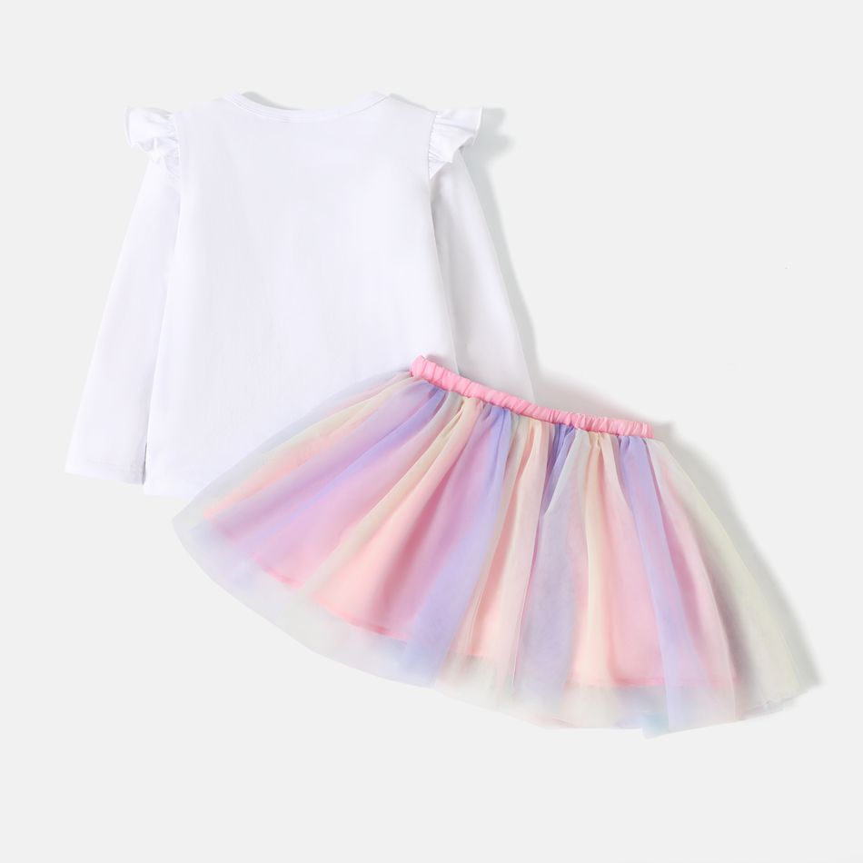Barbie 2pcs Toddler Girl Letter Print Long-sleeve White Tee and Colorblock Mesh Skirt Set Multi-color big image 4