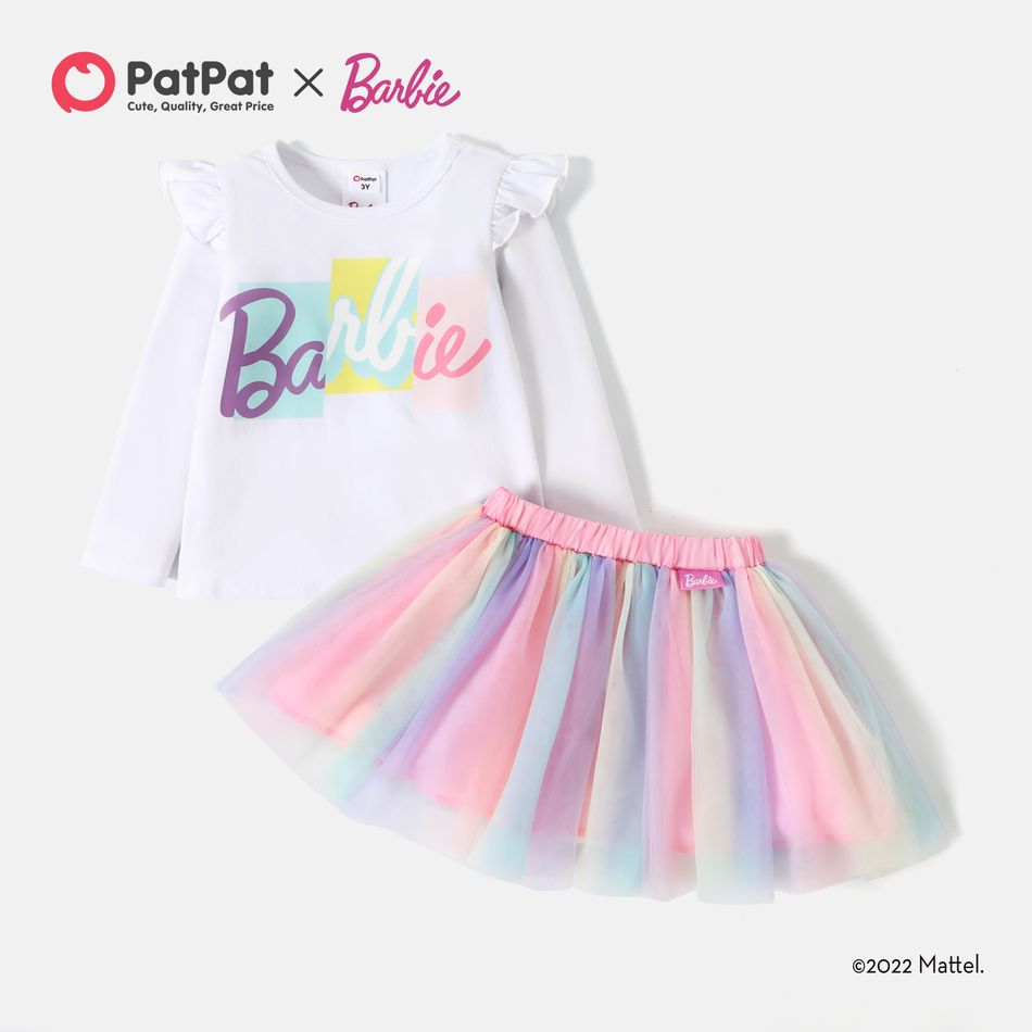 Barbie 2pcs Toddler Girl Letter Print Long-sleeve White Tee and Colorblock Mesh Skirt Set Multi-color big image 3