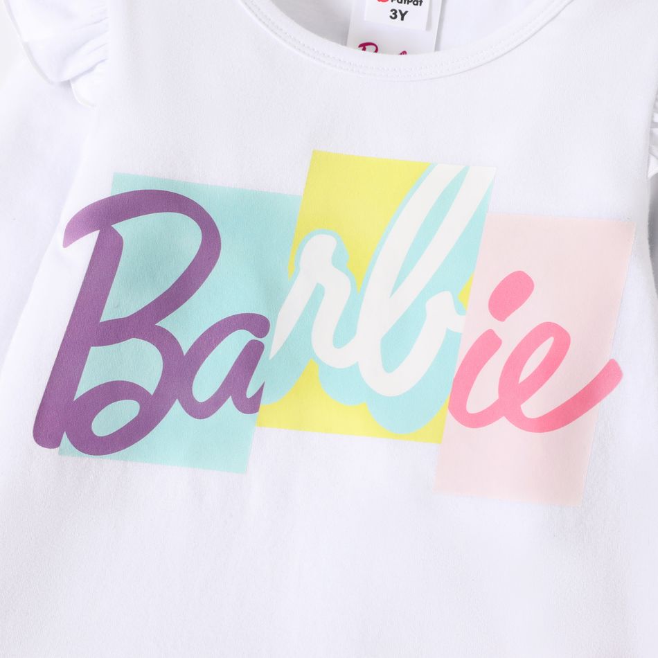 Barbie 2pcs Toddler Girl Letter Print Long-sleeve White Tee and Colorblock Mesh Skirt Set Multi-color big image 5