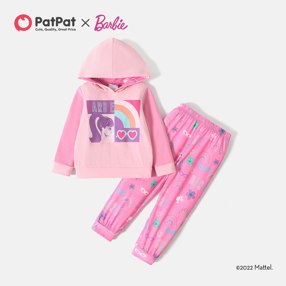Barbie 2pcs Toddler Girl Rainbow Print Pink Cotton Hoodie Sweatshirt and Pants Set Pink