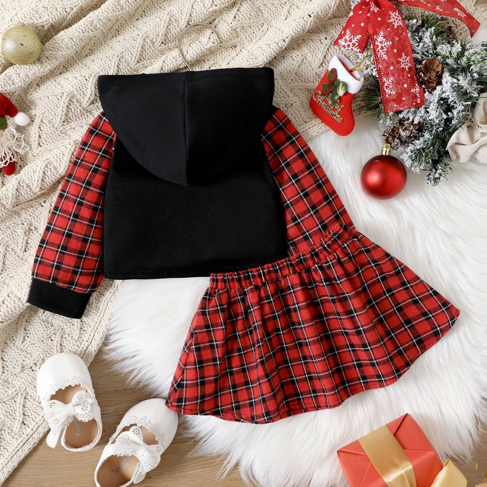 Christmas 2pcs Baby Girl Red Plaid Long-sleeve Bear Graphic Hoodie and Skirt Set redblack big image 2