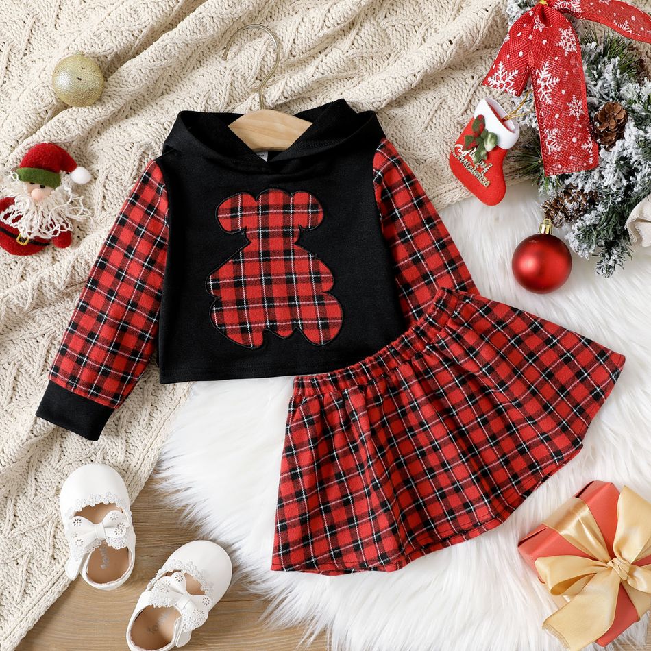 Christmas 2pcs Baby Girl Red Plaid Long-sleeve Bear Graphic Hoodie and Skirt Set redblack