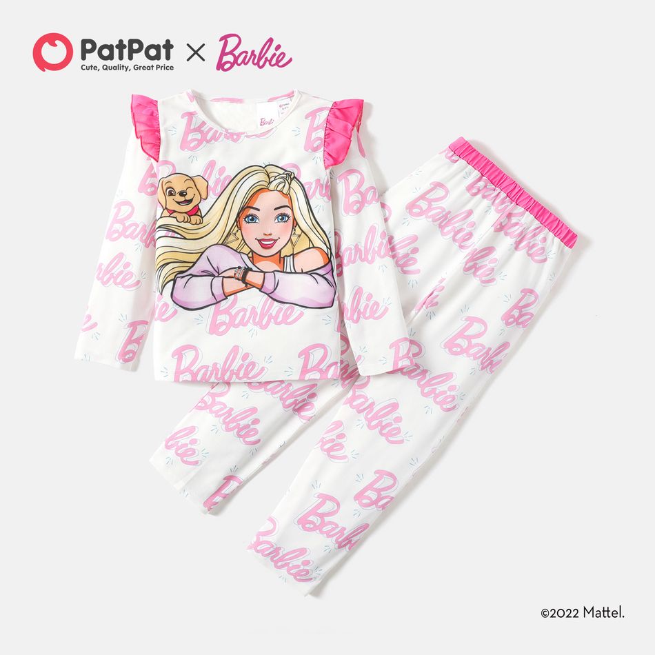 Barbie 2pcs Kid Girl Letter Print Ruffled Long-sleeve Tee and Pants Pajamas Set White big image 2