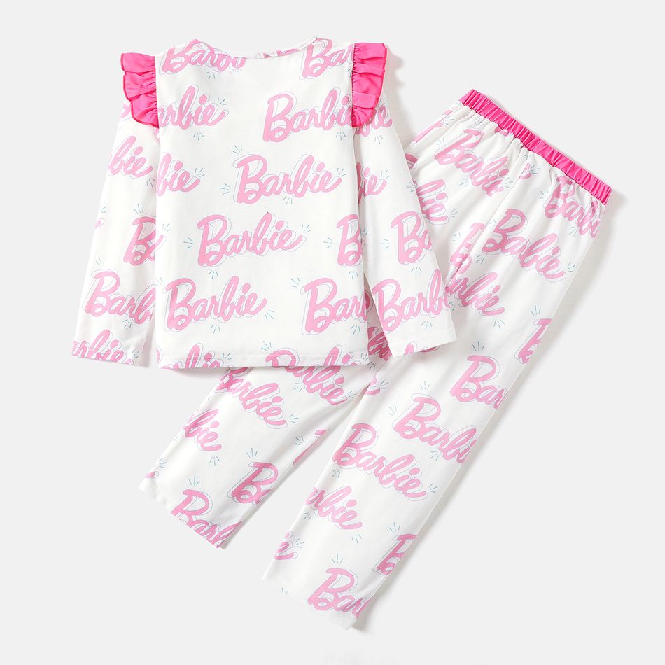 Barbie 2pcs Kid Girl Letter Print Ruffled Long-sleeve Tee and Pants Pajamas Set White big image 4