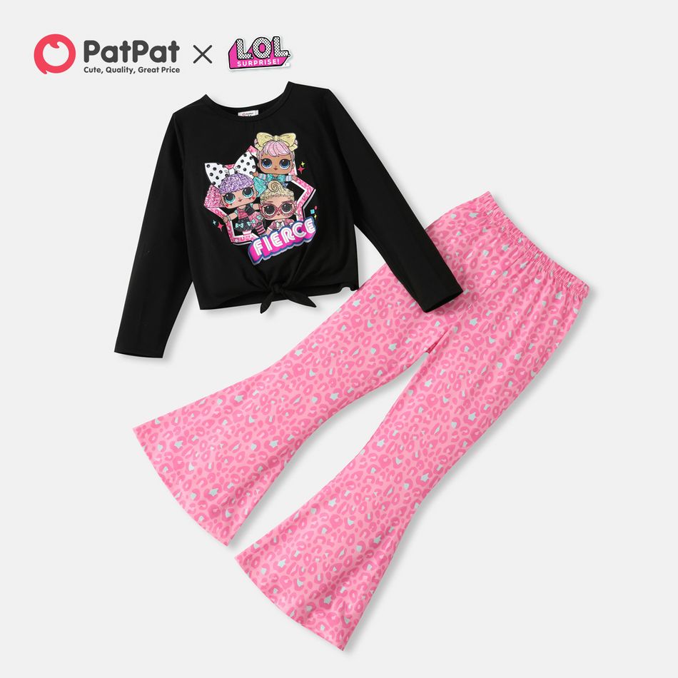 L.O.L. SURPRISE! 2pcs Kid Girl Graphic Print Tie Knot Long-sleeve White Tee and Stripe Heart Leopard Print Pink Flared Pants Set Black big image 1