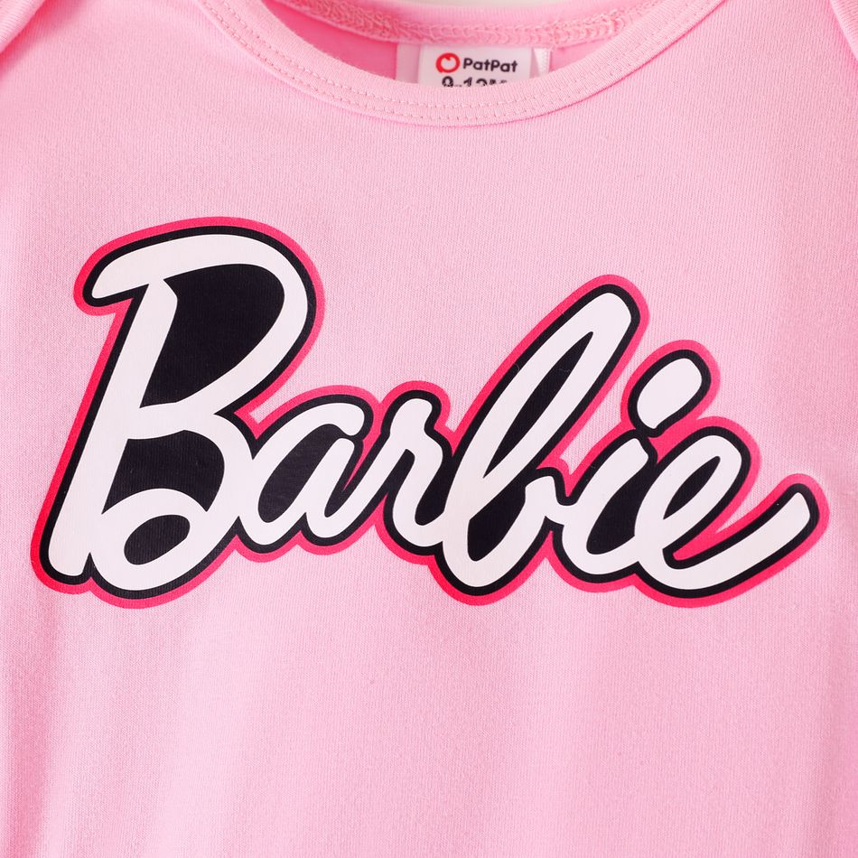 Barbie Baby Girl 95% Cotton Long-sleeve Letter Graphic Spliced Mesh Jumpsuit Pink big image 4