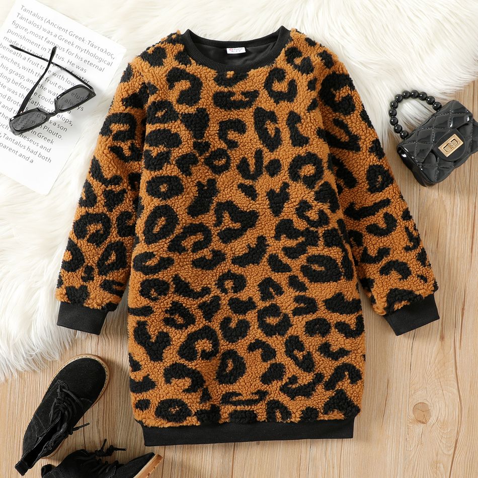 Kid Girl Leopard Print Fleece Sweatshirt Dress Brown big image 1