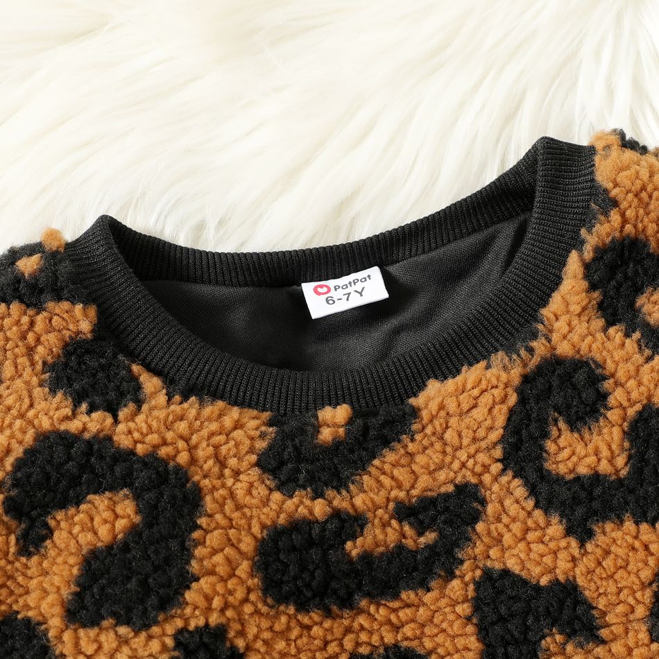 Kid Girl Leopard Print Fleece Sweatshirt Dress Brown big image 3