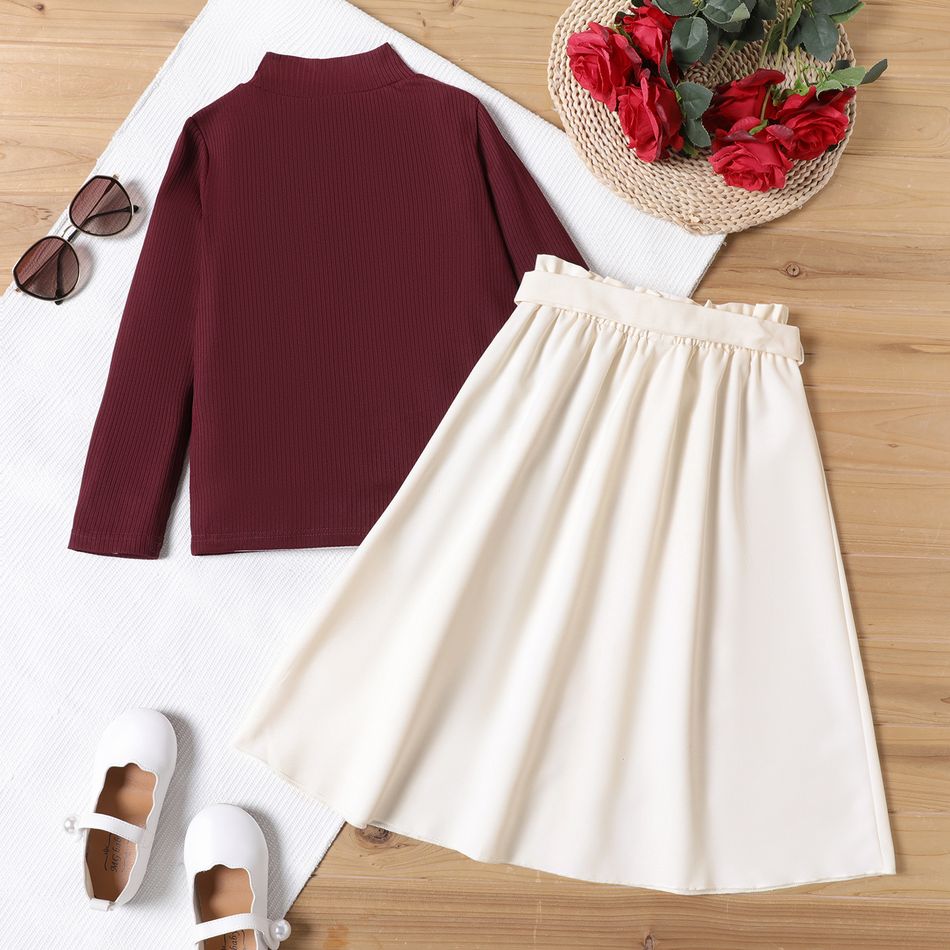 2pcs Kid Girl Mock Neck Button Design Long-sleeve Tee and Belted Skirt Set Burgundy big image 2