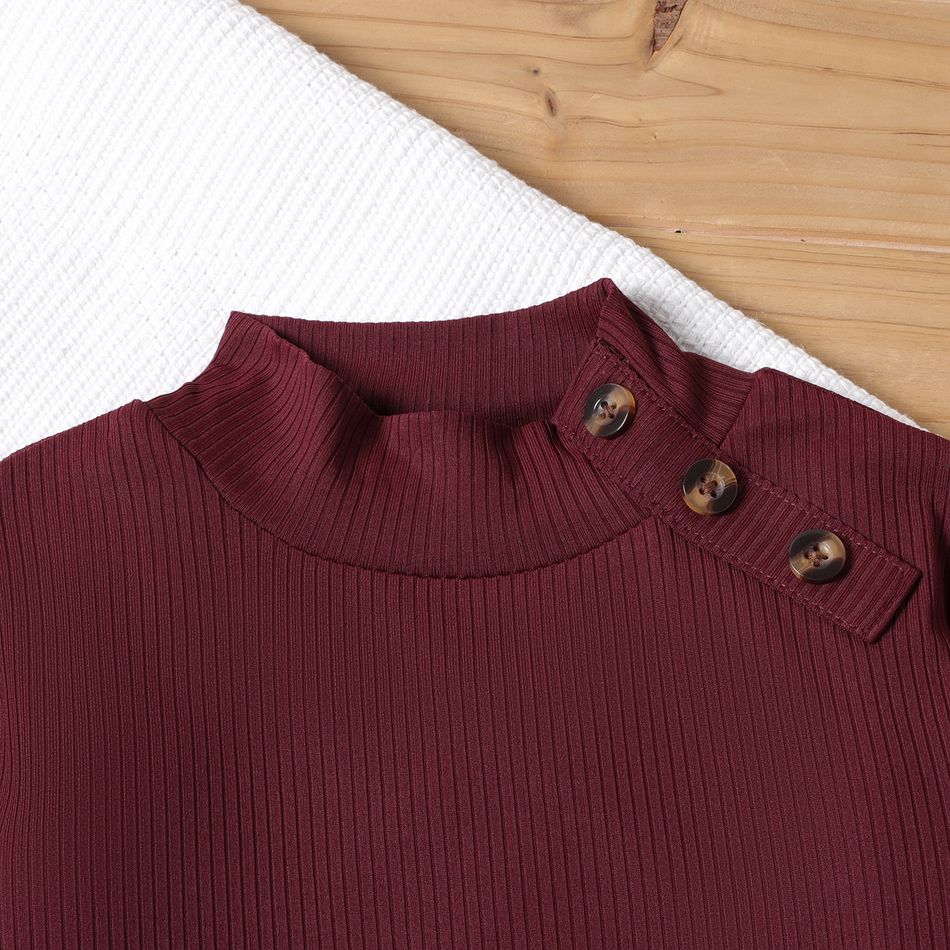 2pcs Kid Girl Mock Neck Button Design Long-sleeve Tee and Belted Skirt Set Burgundy big image 3