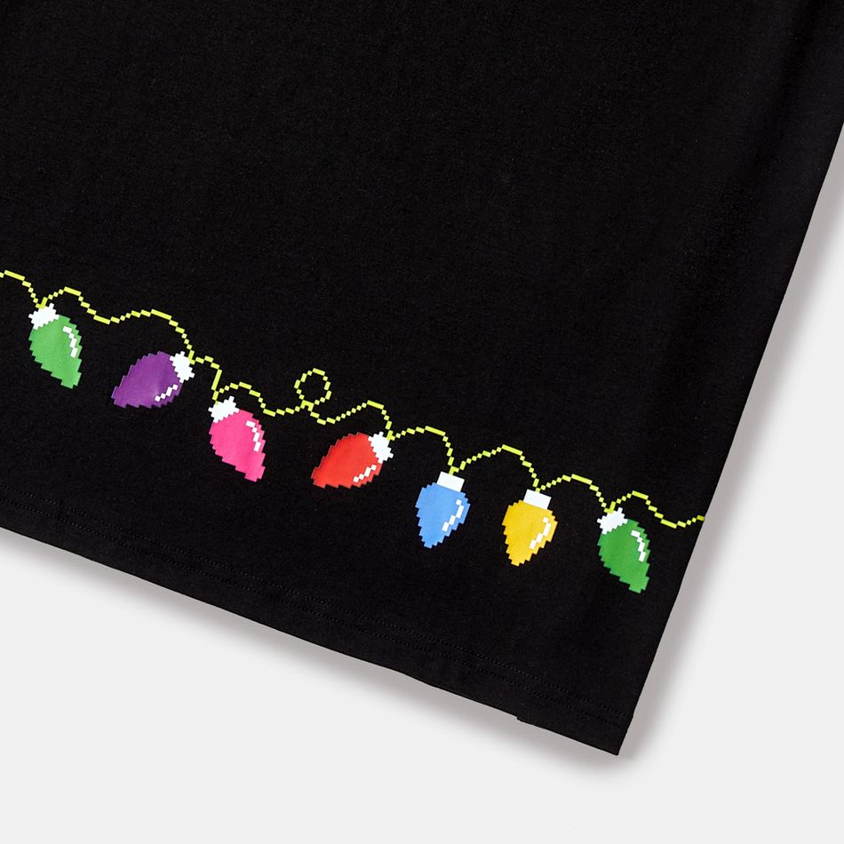 Christmas Family Matching Allover String Lights & Snowflake Print Black Twist Knot Bodycon Dresses and Short-sleeve T-shirts Sets Black big image 19