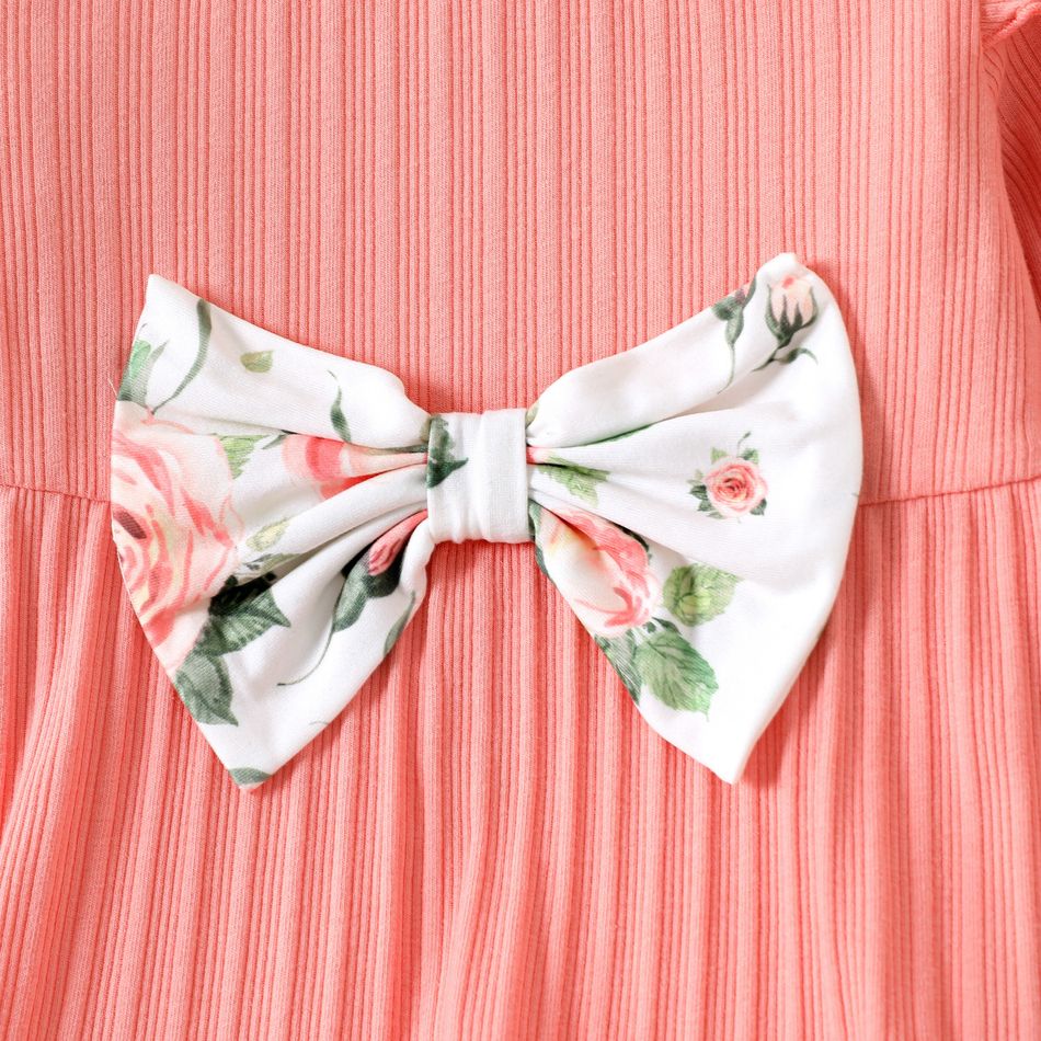 2pcs Baby Girl 95% Cotton Rib Knit Ruffle Long-sleeve Bow Front Top and Allover Floral Print Pants Set incarnadinepink big image 4