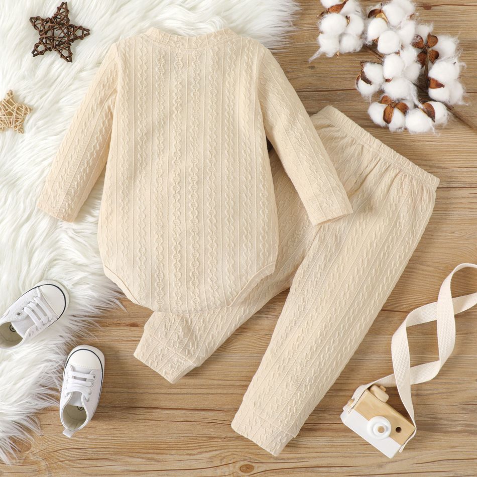 2pcs Baby Boy/Girl Solid Textured Long-sleeve Romper and Pants Set Apricot big image 3