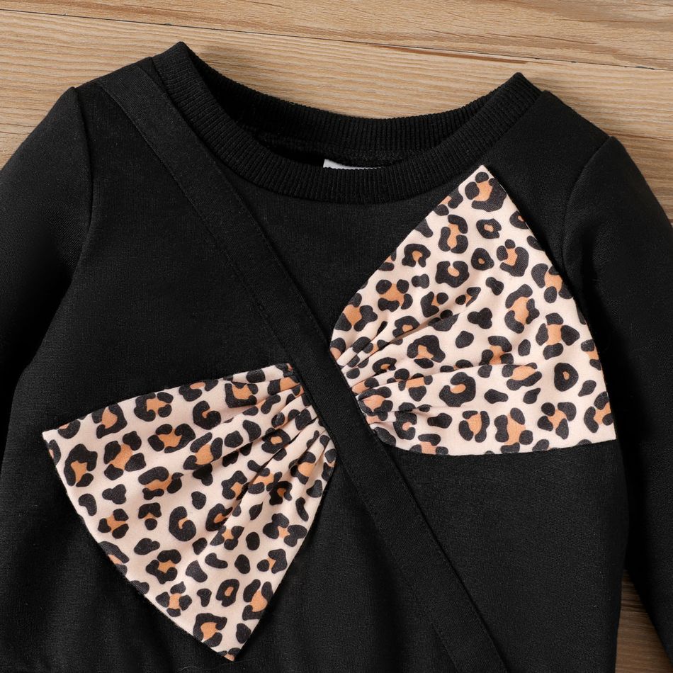 3pcs Baby Girl Leopard Print Bow Front Black Long-sleeve Sweatshirt and Flared Pants Set Black big image 3