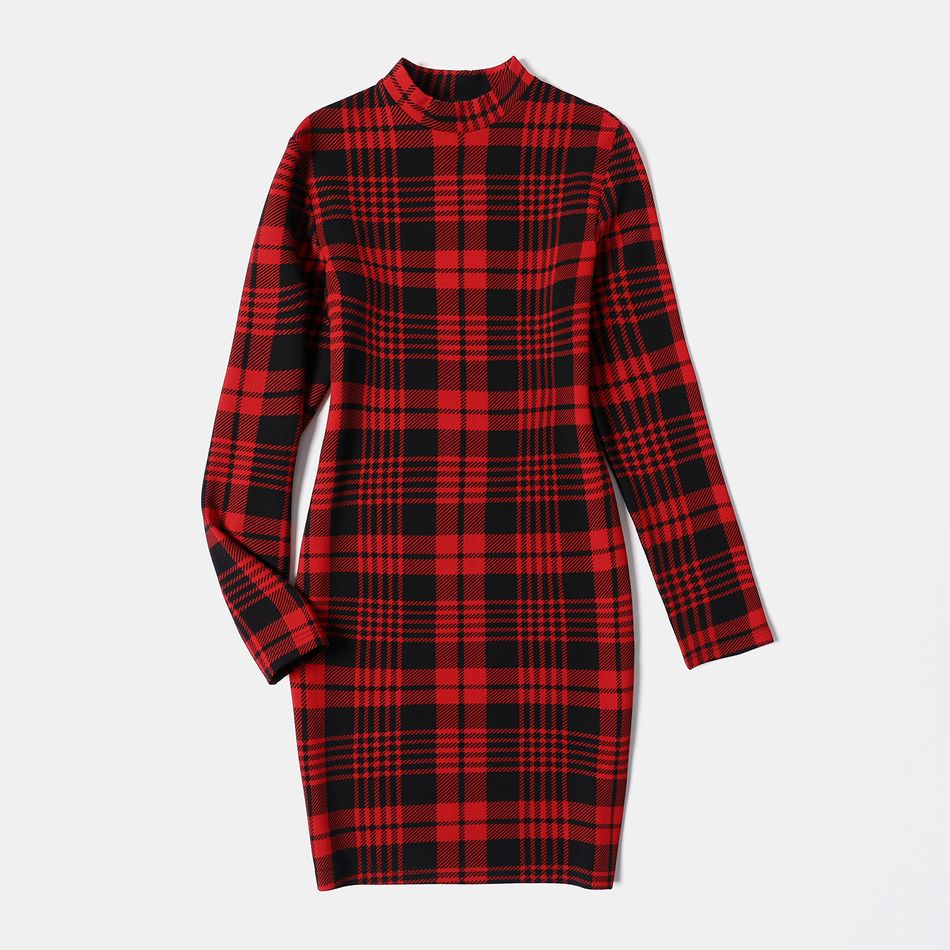 Mommy and Me Red Plaid Mock Neck Long-sleeve Bodycon Pencil Dress redblack big image 2