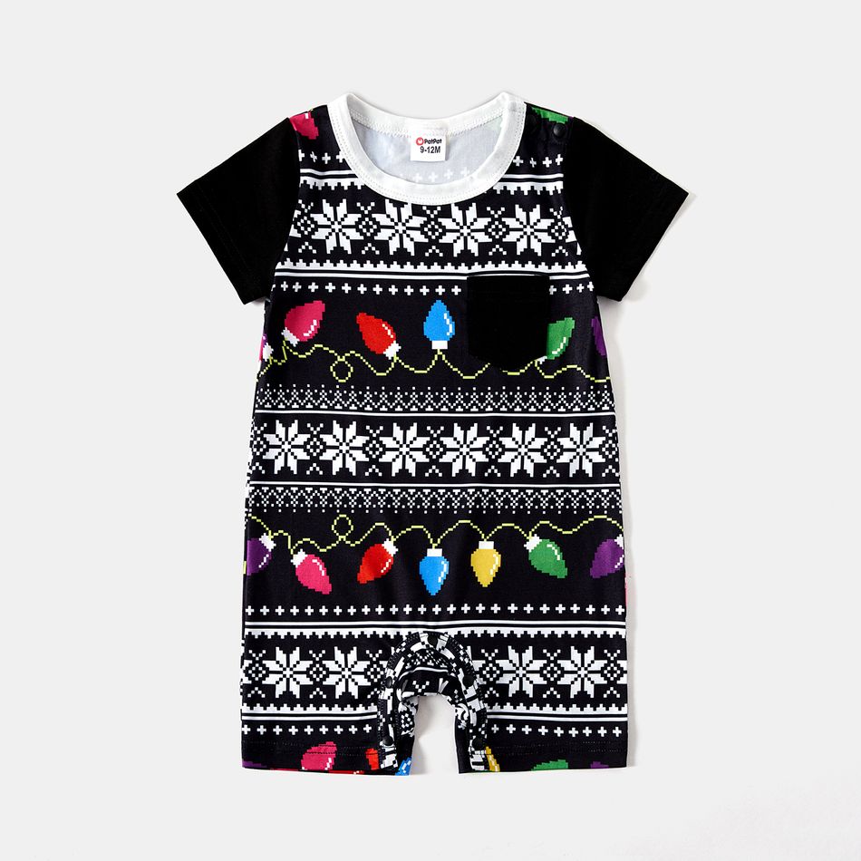 Christmas Family Matching Allover String Lights & Snowflake Print Black Twist Knot Bodycon Dresses and Short-sleeve T-shirts Sets Black big image 14
