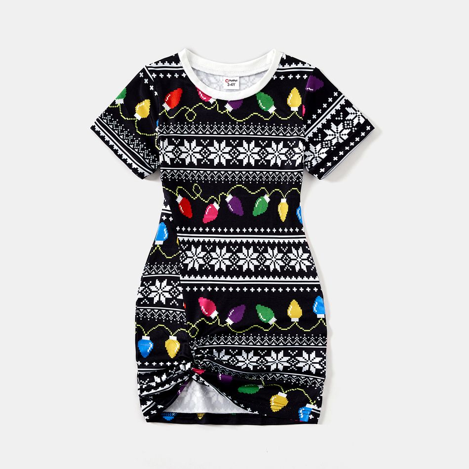 Christmas Family Matching Allover String Lights & Snowflake Print Black Twist Knot Bodycon Dresses and Short-sleeve T-shirts Sets Black big image 12
