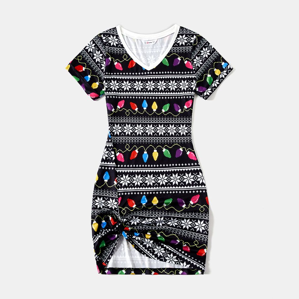 Christmas Family Matching Allover String Lights & Snowflake Print Black Twist Knot Bodycon Dresses and Short-sleeve T-shirts Sets Black big image 3