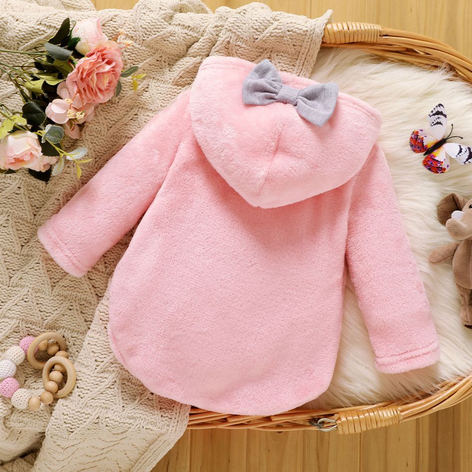Baby Girl Elephant Embroidered Bow Front Hooded Long-sleeve Thermal Romper Pink big image 2