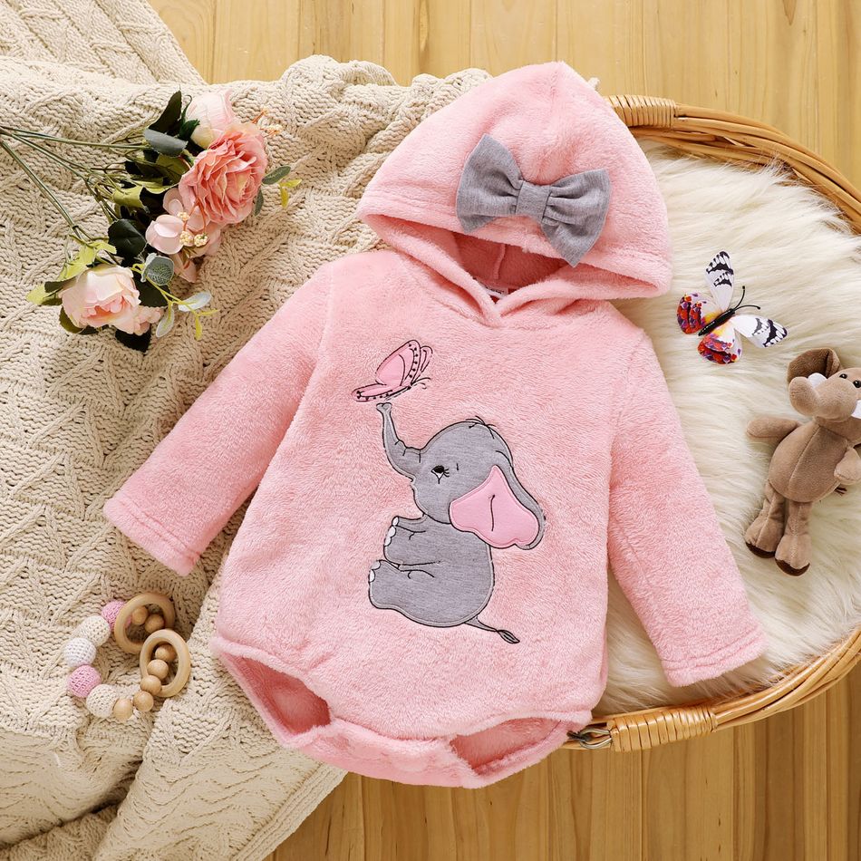 Baby Girl Elephant Embroidered Bow Front Hooded Long-sleeve Thermal Romper Pink big image 1