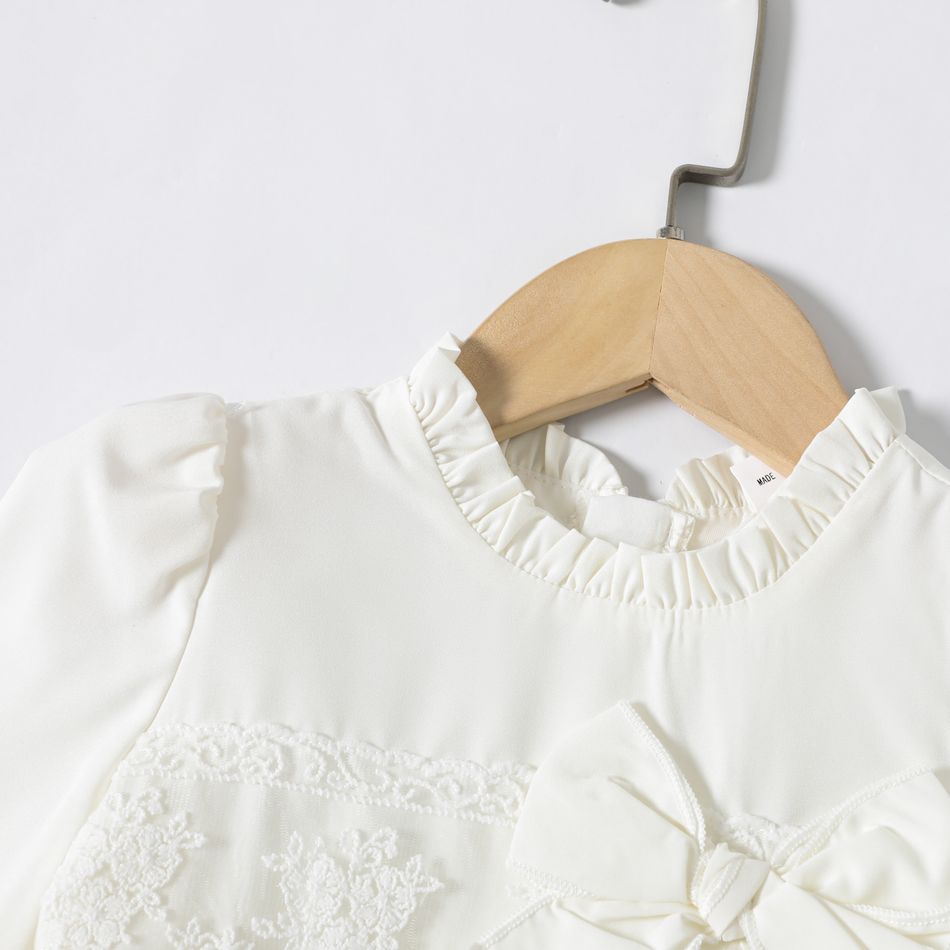 فستان أبيض بأكمام طويلة من الدانتيل بتصميم كشكش بطبقات سادة للبنات الصغار أبيض big image 2