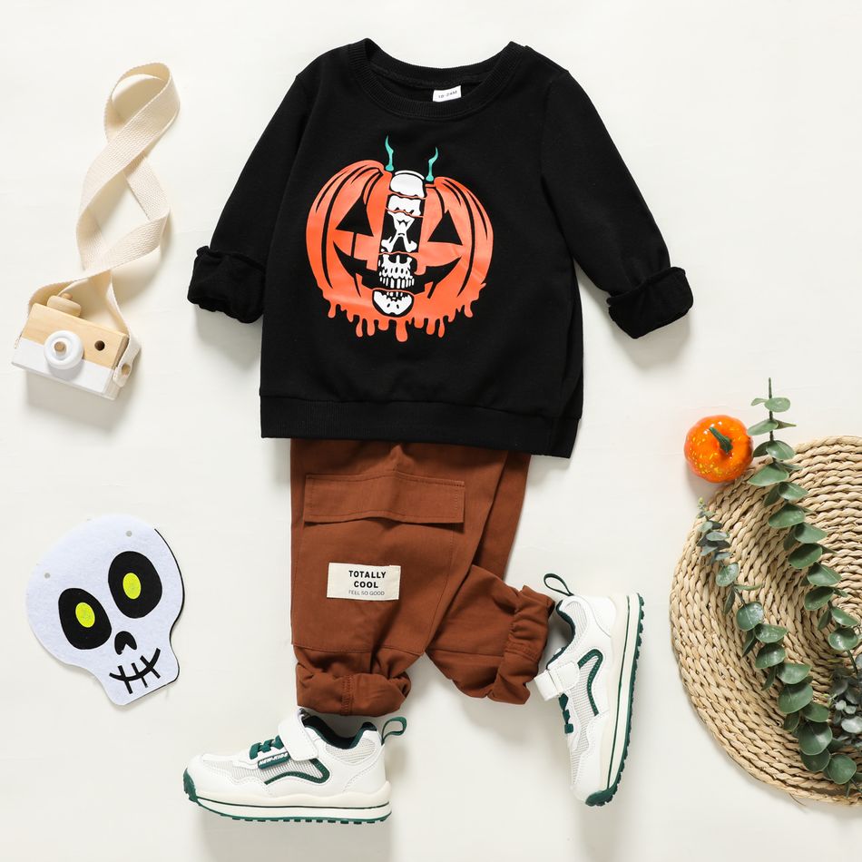 2pcs Toddler Boy Halloween Pumpkin Print Sweatshirt and Pocket Design Pants Set Black big image 1