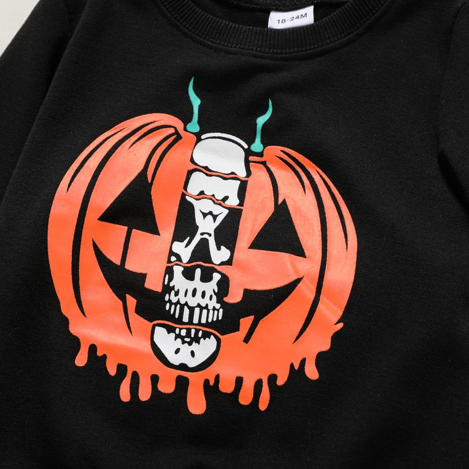 2pcs Toddler Boy Halloween Pumpkin Print Sweatshirt and Pocket Design Pants Set Black big image 3