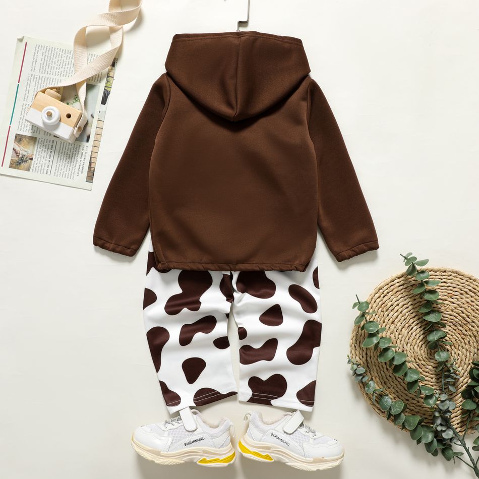 2pcs Toddler Girl Pocket Design Hoodie Sweatshirt and Cow Print Pants Set Brown big image 2