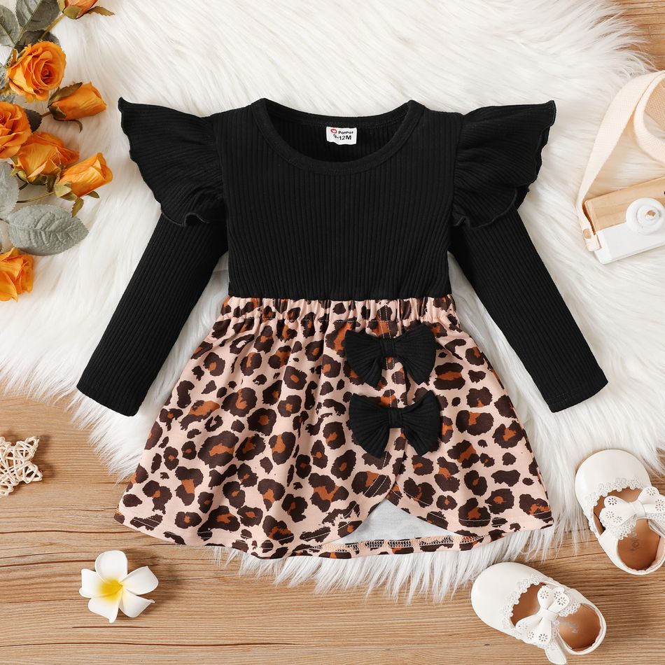 Baby Girl Black Rib Knit Ruffle Long-sleeve Spliced Bow Front Leopard Print Tulip Hem Dress ColorBlock