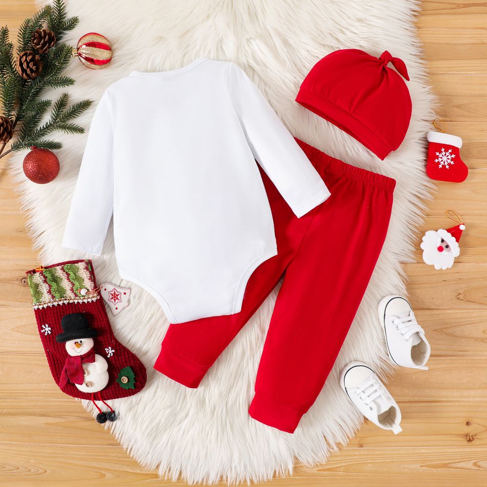 Christmas 3pcs Baby Boy Letter Print Long-sleeve Bow Tie Romper and Deer Graphic Pants with Headband Set REDWHITE big image 2